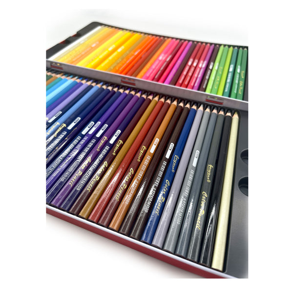 Set of colored pencils in a metal box on a white background