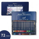 Set of 72 artist watercolor pencils in a metal tin with a visible brand name.