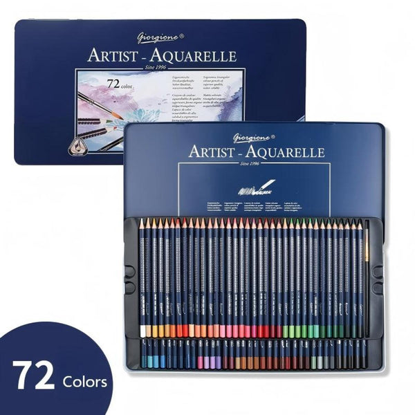 Set of 72 artist watercolor pencils in a metal tin with a visible brand name.