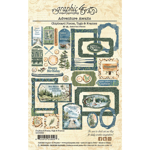 Graphic 45 Adventure Awards collection with various tags and pieces on a white background