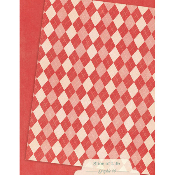 Red and white checkered pattern with 'Slice of Life' branding on a red background