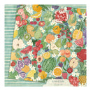 Colorful fruit and floral pattern with 'Slice of Life' branding on a striped background