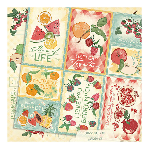 Collection of fruit-themed postcards with various sayings on a light background