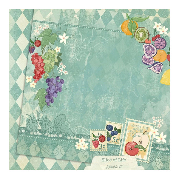 Decorative paper with fruit illustrations and a checkered border