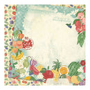 Decorative paper with colorful fruits and flowers on a textured background