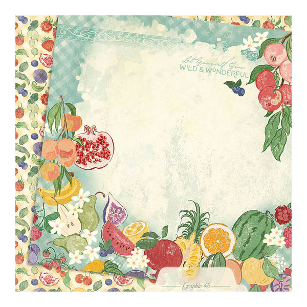 Decorative paper with colorful fruits and flowers on a textured background