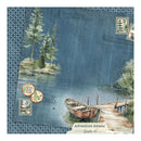 Scenic design with a boat, dock, and trees on a blue background with text and stamps.