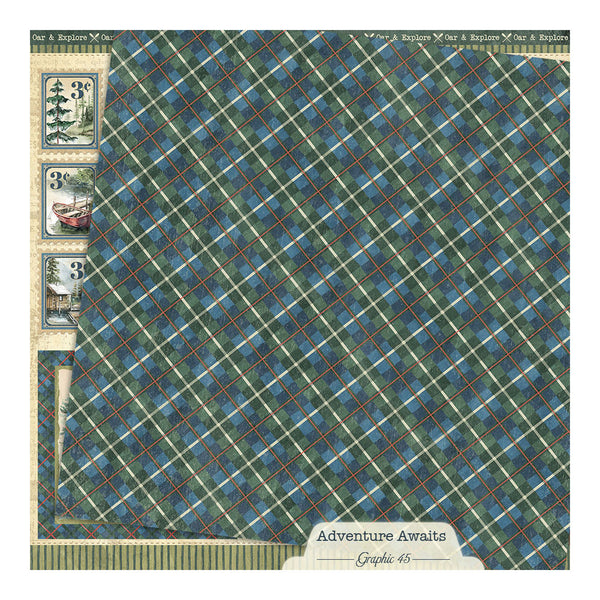 Plaid patterned paper with 'Adventure Awaits' text and Graphic 45 branding.