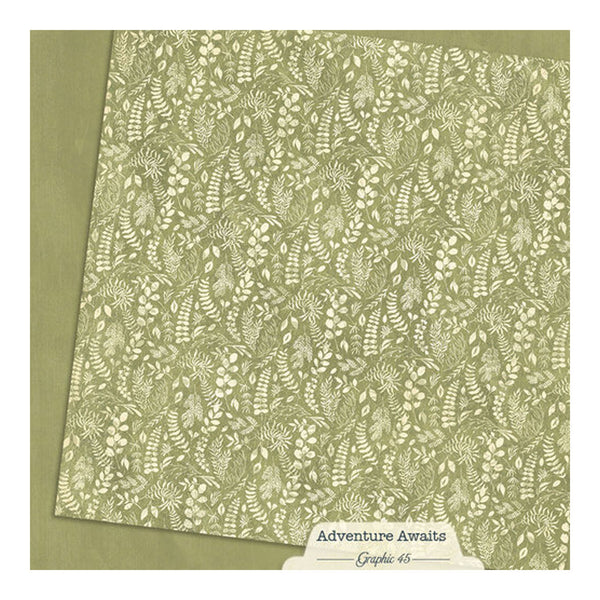 Green patterned paper with 'Adventure Awaits' text and Graphic 45 branding.
