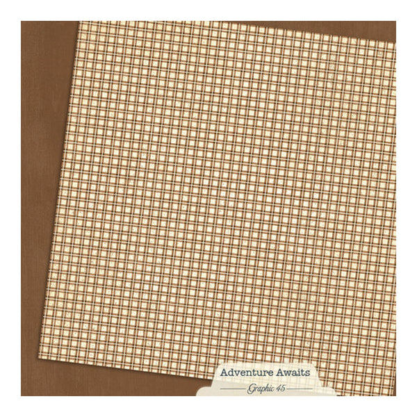 Plaid paper with brown border and 'Adventure Awaits' text, brand 'Graphic 45' visible