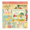Fruit-themed paper collection pack with graphics and text on a beige background