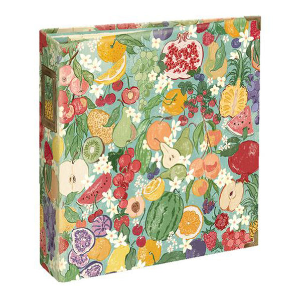 Colorful fruit and floral patterned box on a white background