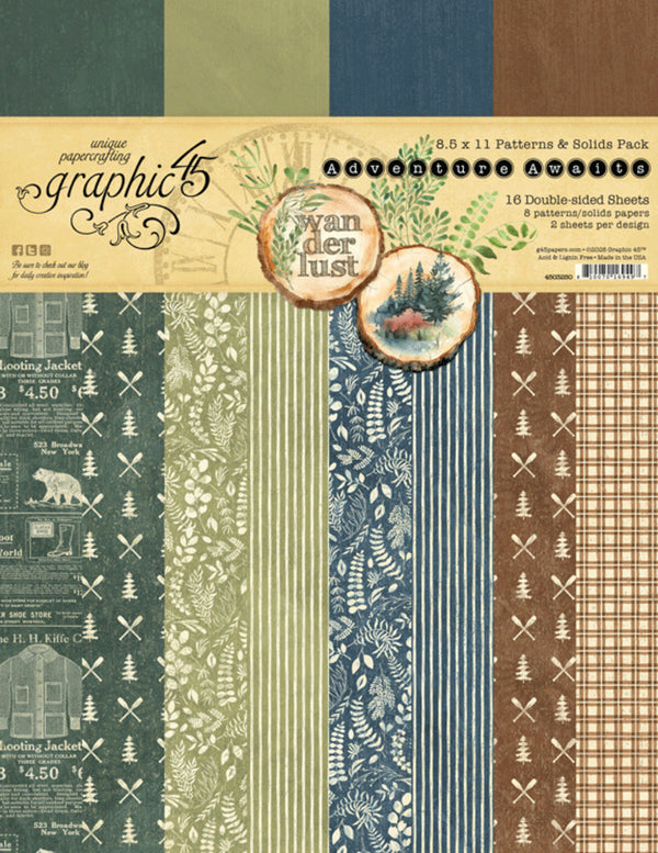 Collection of patterned paper sheets with nature-themed designs, featuring the brand 'graphic45'.