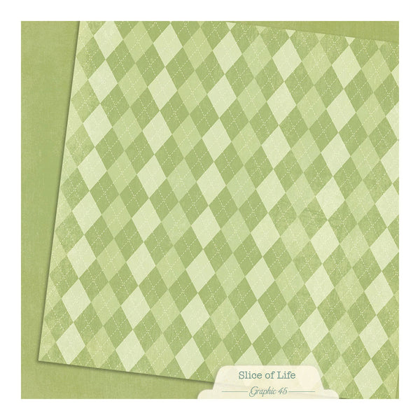 Green and white checkered patterned paper with 'Slice of Life' branding.
