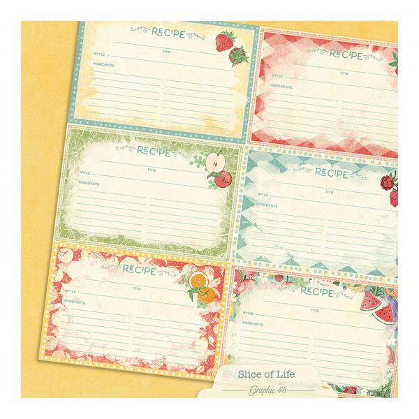 Set of recipe cards with colorful designs on a yellow background