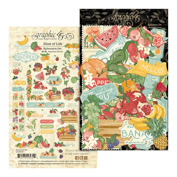 Two packages of 'Graphic 45' scrapbooking ephemera with fruit-themed designs.