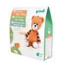 Crochet tiger toy set packaging with 'gröndl' branding on a white background