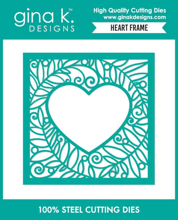 Heart frame cutting die with decorative border on a teal background, featuring Gina K. Designs branding.