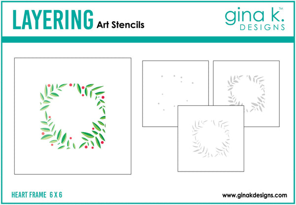 Heart frame stencils with decorative elements on a white background, featuring 'gina k. Designs' branding.