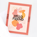 Greeting card with abstract shapes and 'Hello Friend' text on a white background