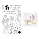 Set of black line art illustrations and a printed card with text on a white background
