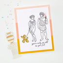 Illustrated card with classical figures and text on a white background