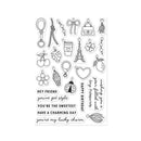 Clear stamp set with various designs and text on a white background