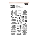Set of clear stamps with various phrases and designs on a white background, featuring the brand 'Hero Arts'.