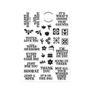 Collection of black stamps with various phrases and designs on a white background