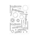 Set of black and white decorative elements including banners and stars on a white background