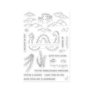 Clear stamp set with castle, dragon, and nature-themed designs on a white background