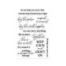 Clear stamp set with various crafting-themed phrases on a white background