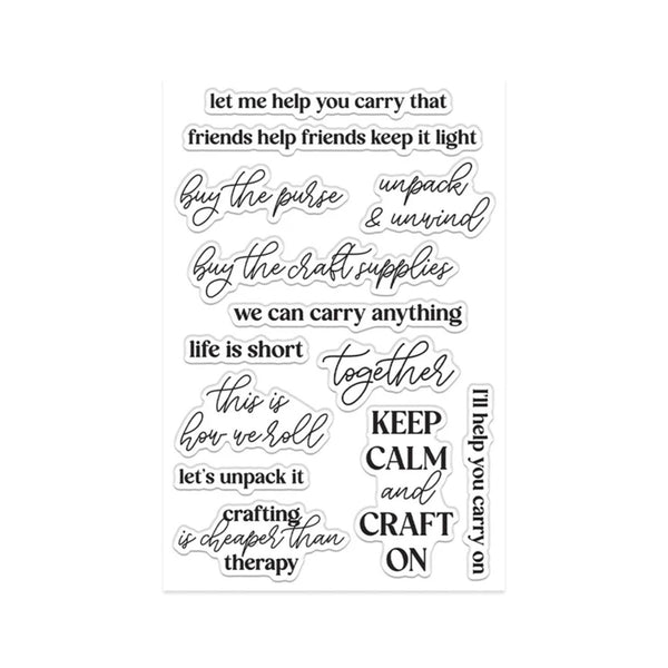 Clear stamp set with various crafting-themed phrases on a white background