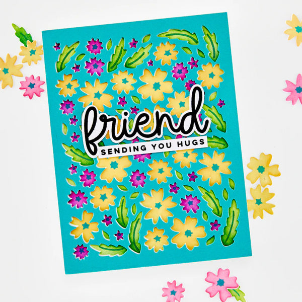 Colorful card with floral design and 'friend sending you hugs' text on a white background.