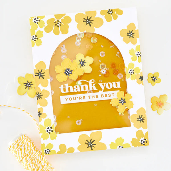 Greeting card with yellow flowers and 'thank you, you're the best' text on a white background