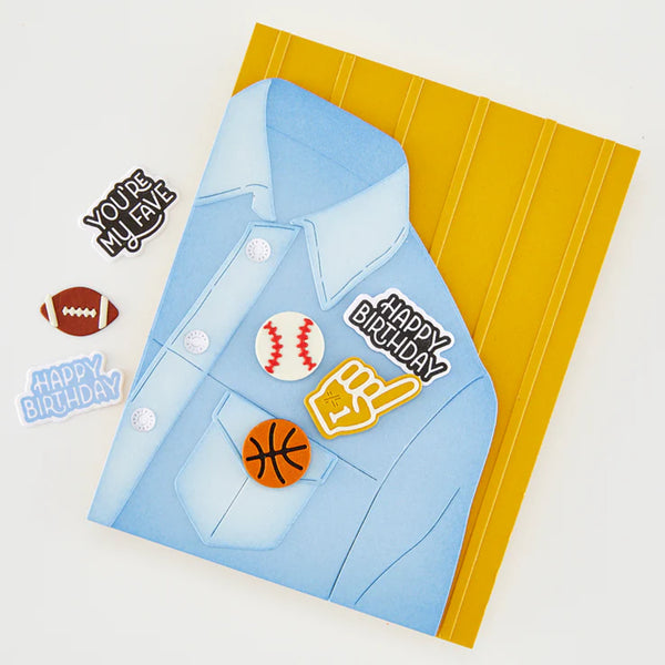 Card with a blue jacket design featuring sports-themed stickers on a yellow background