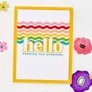 Colorful card with 'hello, sending you sunshine' text on a white background with decorative flowers.