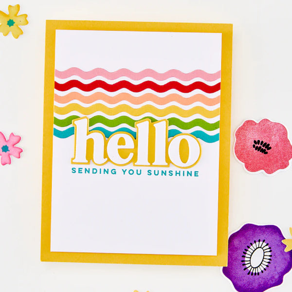 Colorful card with 'hello, sending you sunshine' text on a white background with decorative flowers.