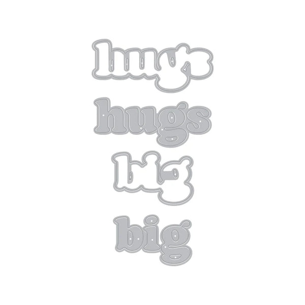 Metallic 'hugs big' letter cutout on a white background
