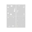 Four gray tiles with white floral patterns on a white background