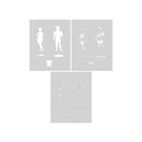 Set of three white silhouette stencils on a light gray background