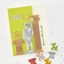 Birthday card with classical statue design on a light green background