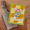 Card with a mouse illustration and 'you're my favorite' text next to a metal grater on a wooden surface