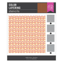 Color layering stencils with retro rainbow pattern and gray swatches on a white background