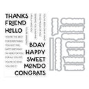 Clear stamp set with various phrases and corresponding die-cut shapes on a white background