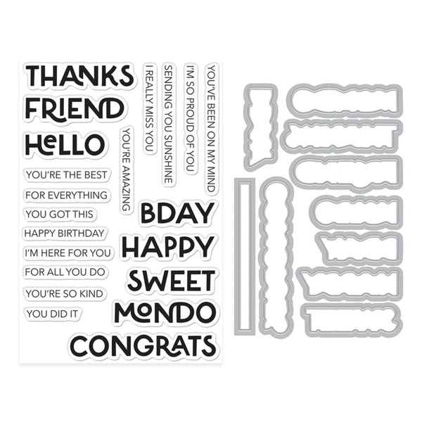 Clear stamp set with various phrases and corresponding die-cut shapes on a white background