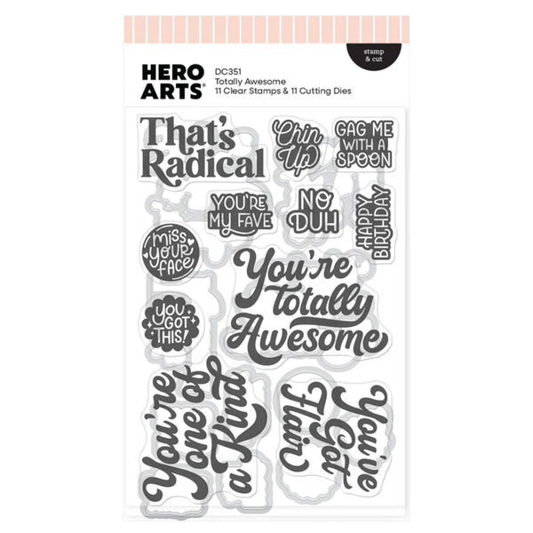 Hero Arts Totally Awesome stamp and die set with various phrases on a white background