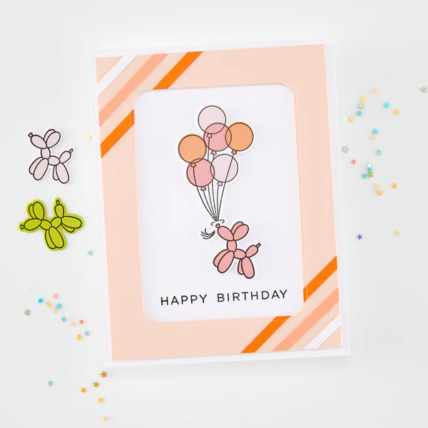 Birthday card with balloon dog and balloons design on a white background