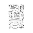Black and white illustrations of a coffee cup and text phrases on a white background