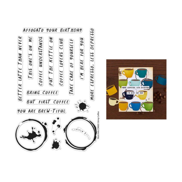 Set of coffee-themed stamps with various designs on a white background